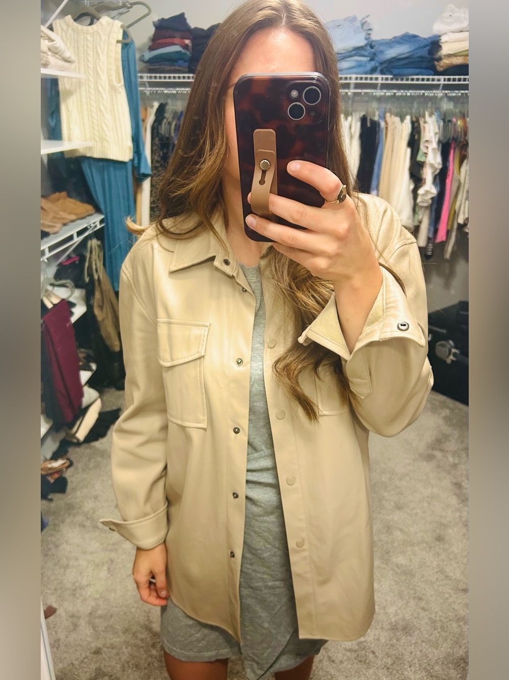 Women’s Faux Leather Snap Up Shirt Jacket